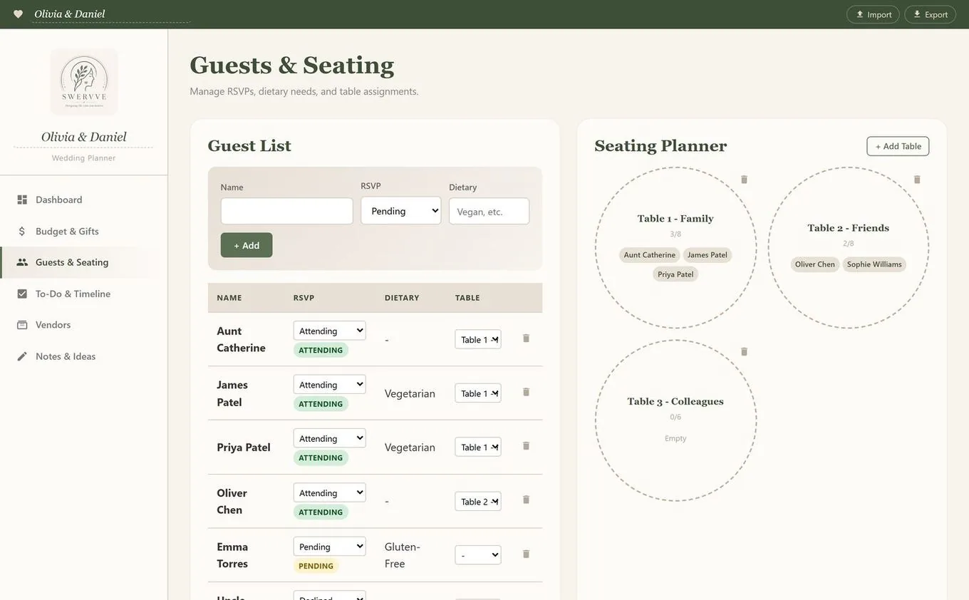 Guests and seating planner