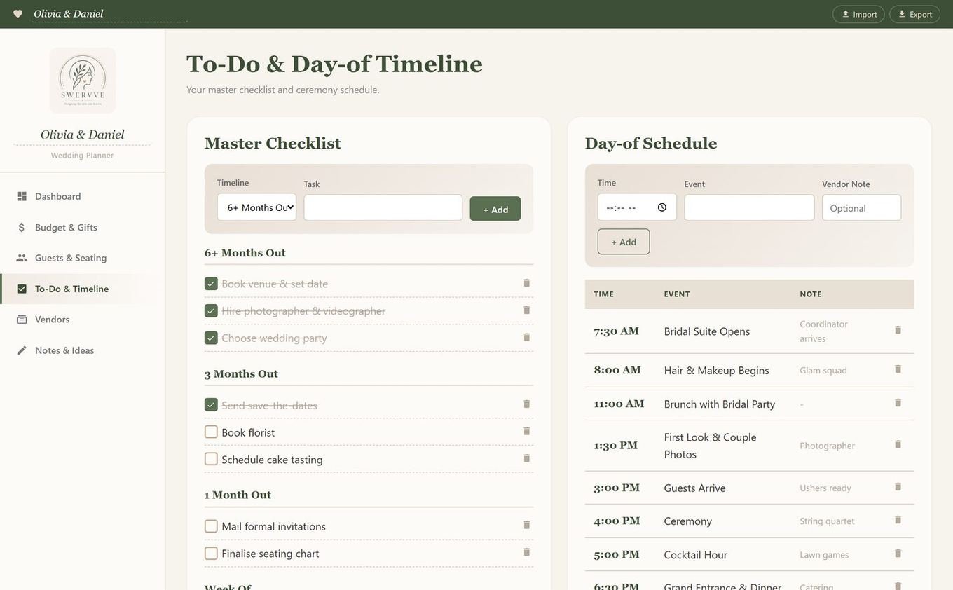 To-do and day-of timeline