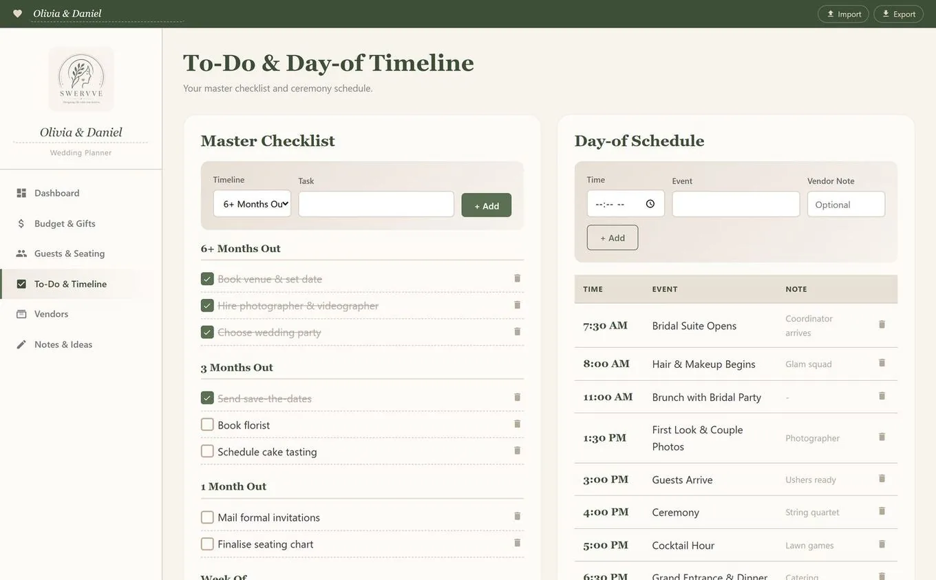 To-do and day-of timeline