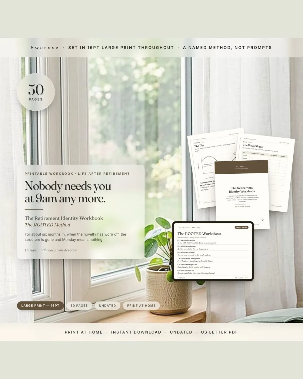 The Retirement Identity Workbook — The ROOTED Method large-print printable workbook for life after retirement
